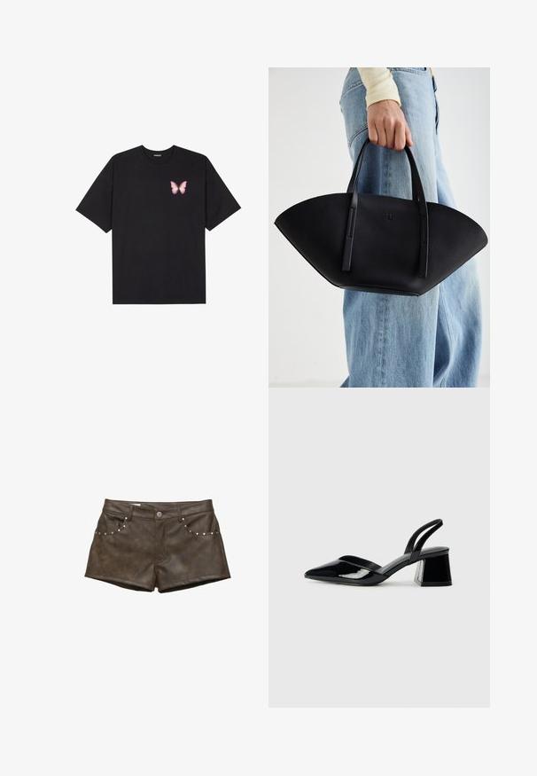 Sort bomulds T-shirt med korte ærmer, prydet med en lille pink sommerfugl grafik på venstre bryst. Rund hals design med en afslappet pasform.; Brune faux læder shorts med en glat tekstur, der har sølvstuds på forlommerne og knaplukning.; Sorte patentlæder slingback hæle med spids tå og en geometrisk blok hæl. Har et elegant, minimalistisk design og en glat tekstur.; Sort læderhåndtaske med en unik vifteform, der har flade håndtag. Overfladen har en pebblelignende tekstur og et minimalistisk design.