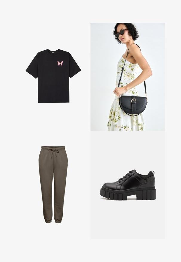 Černé bavlněné tričko s krátkým rukávem, na levém prsou s malou grafikou růžové motýlky. Design s kruhovým výstřihem a volným střihem.; Hnědé teplákové kalhoty vyrobené z měkké tkaniny, s elastickým pasem a šňůrkou na stažení, a zúženými manžetami u kotníků.; Černé kožené platformové boty s masivním blokovým podpatkem, kulatou špičkou a tradičním šněrováním. Mají hladký povrch a minimální detaily.; Černá kožená kabelka s křivkovým tvarem, odnímatelným popruhem a zlatými detaily. Kabelka má klopu s přezkou.