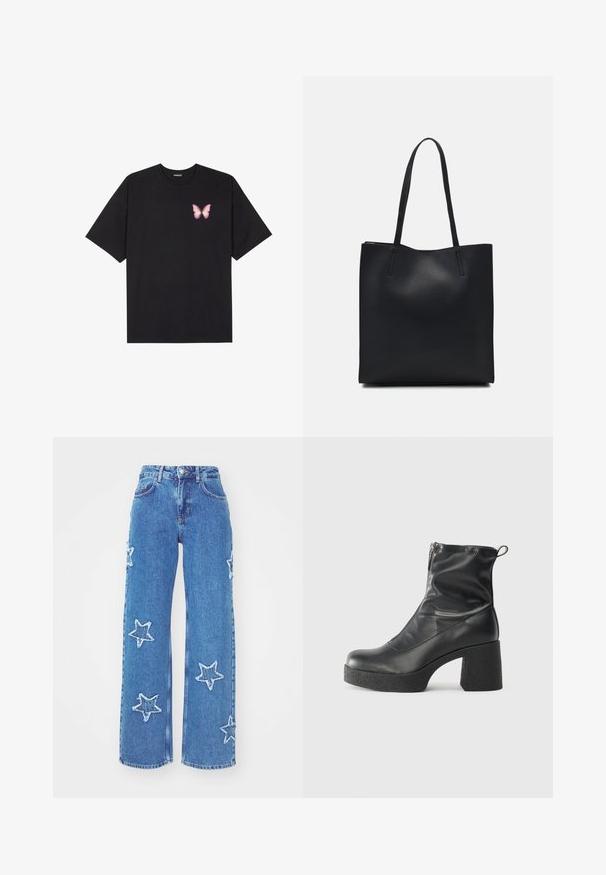 T-shirt de algodão preto com mangas curtas, apresentando um pequeno gráfico de borboleta rosa no lado esquerdo do peito. Design de gola redonda com um corte solto.; Jeans de denim azul claro com um corte relaxado, apresentando apliques de estrelas brancas bordadas na parte da frente. Cintura padrão e design de cinco bolsos.; Botas de tornozelo pretas feitas de couro liso, com fecho lateral, salto grosso texturizado e design de bico arredondado.; Bolsa tote preta em couro com textura lisa, forma retangular e duas alças longas. Sem hardware ou enfeites visíveis.