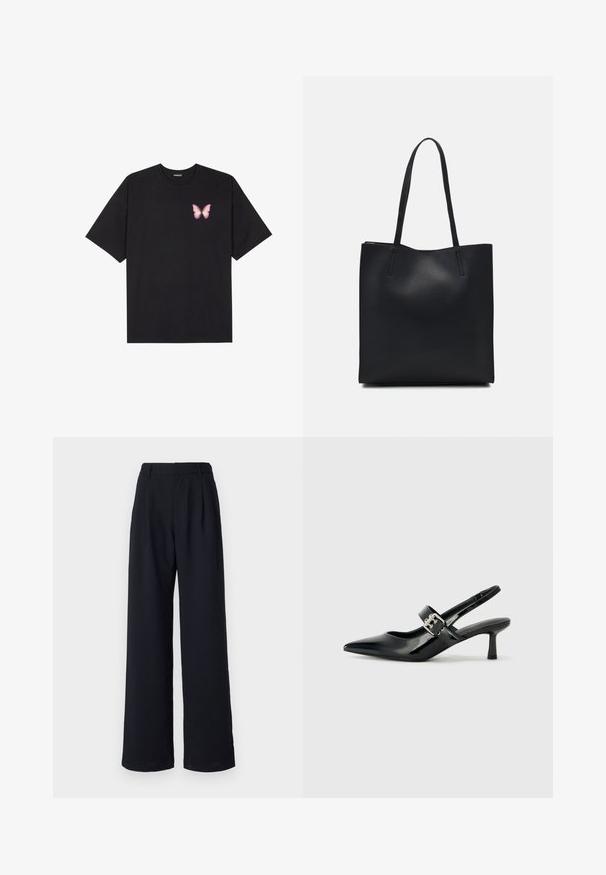 Svart bomullströja med korta ärmar, med en liten rosa fjärilsgrafik på vänster bröst. Rundad halsdesign med en avslappnad passform.; Gap Tall EASY TROUSER - Tygbyxor - true black; Svarta patentläder slingback-klackar med spetsig tå och en liten blockklack, med en silvrig spänneaccent på remmen.; Svart lädertoffelväska med slät textur, rektangulär form och två långa handtag. Ingen synlig hårdvara eller dekorationer.