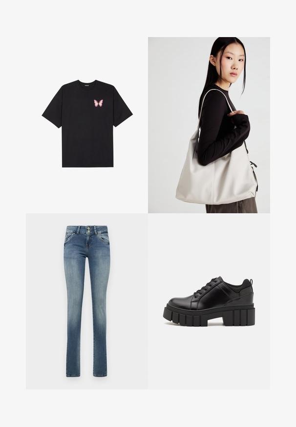 Černé bavlněné tričko s krátkým rukávem, na levém prsou s malou grafikou růžové motýlky. Design s kruhovým výstřihem a volným střihem.; Světle modré džíny z denimu se střihem rovného nohavice, dvěma předními kapsami, zašlým povrchem a malým opotřebením na pravém stehně.; Černé kožené platformové boty s masivním blokovým podpatkem, kulatou špičkou a tradičním šněrováním. Mají hladký povrch a minimální detaily.; Beige kabelka vyrobená z měkkého materiálu, s volným designem, prošívanými detaily a dvěma ramenními popruhy. Vhodná pro každodenní použití.