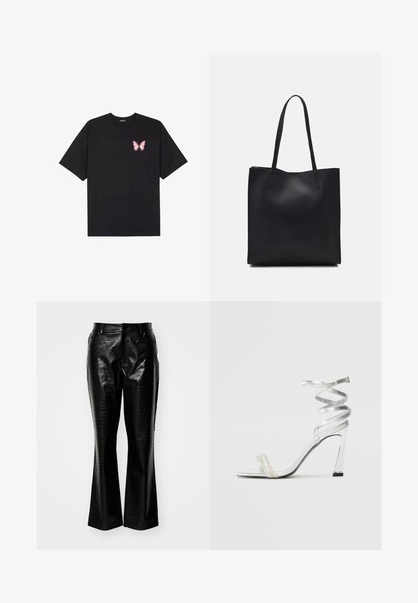 T-shirt de algodão preto com mangas curtas, apresentando um pequeno gráfico de borboleta rosa no lado esquerdo do peito. Design de gola redonda com um corte solto.; Calças de couro sintético pretas com um padrão texturizado de pele de crocodilo, pernas largas e um cós padrão com passantes para cinto.; Sandalha de salto alto prateada com um design de tira brilhante, apresentando um detalhe semelhante a uma pérola e uma tira de tornozelo espiralada para um ajuste seguro.; Bolsa tote preta em couro com textura lisa, forma retangular e duas alças longas. Sem hardware ou enfeites visíveis.