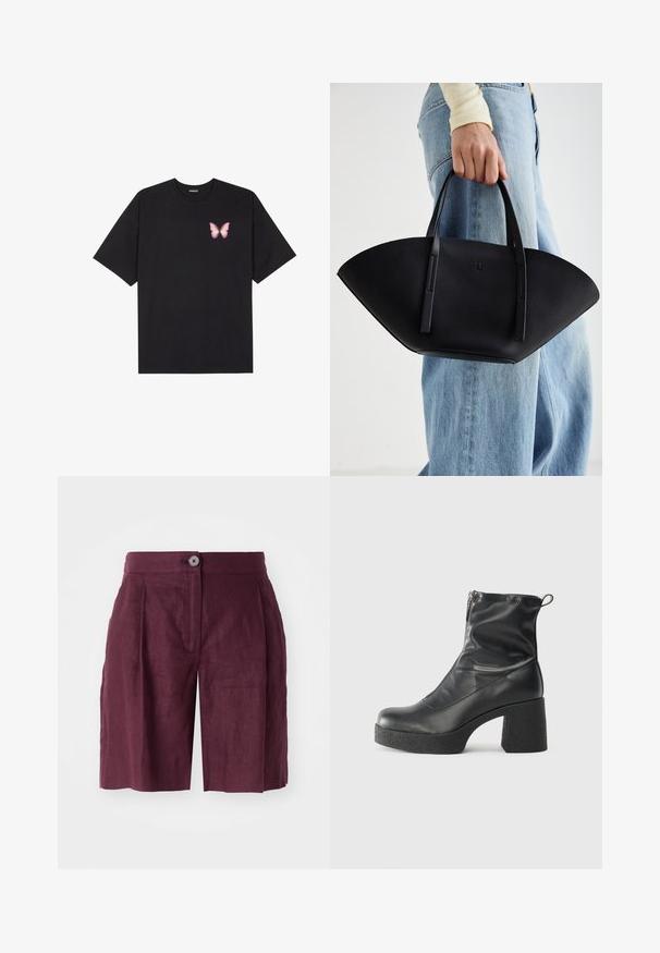 Black cotton t-shirt with short sleeves, featuring a small pink butterfly graphic on the left chest. Crew neck design with a relaxed fit.; Burgundy linen shorts with a tailored fit, featuring a button closure, front pleats, and side pockets, smooth texture, and knee-length design.; Black ankle boots made of smooth leather, featuring a side zipper, chunky textured heel, and rounded toe design.; Black leather handbag with a unique fan shape, featuring flat handles. The surface has a pebbled texture and a minimalistic design.