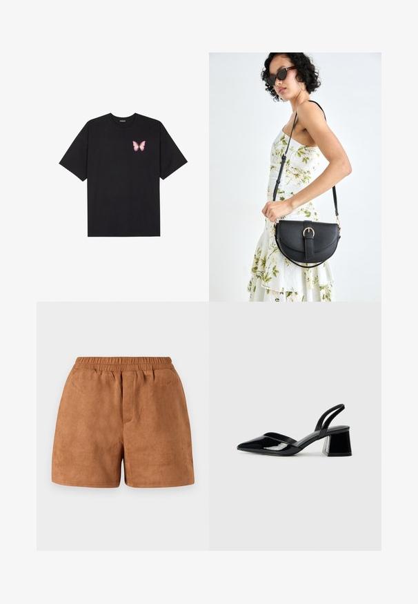 Zwarte katoenen t-shirt met korte mouwen, voorzien van een kleine roze vlinder graphic op de linkerkant van de borst. Crew neck ontwerp met een relaxte fit.; Bruine suede shorts met een elastische tailleband, met een relaxte pasvorm en een zachte textuur. Eenvoudig ontwerp, geschikt voor casual wear.; Zwarte gepatineerde leren slingback hakken met een spitse neus en een geometrische blokhak. Kenmerkt zich door een slank, minimalistisch ontwerp en een gladde textuur.; Zwarte leren handtas met een gebogen vorm, afneembare schouderband en gouden hardware. De tas heeft een klep met een gespsluiting.