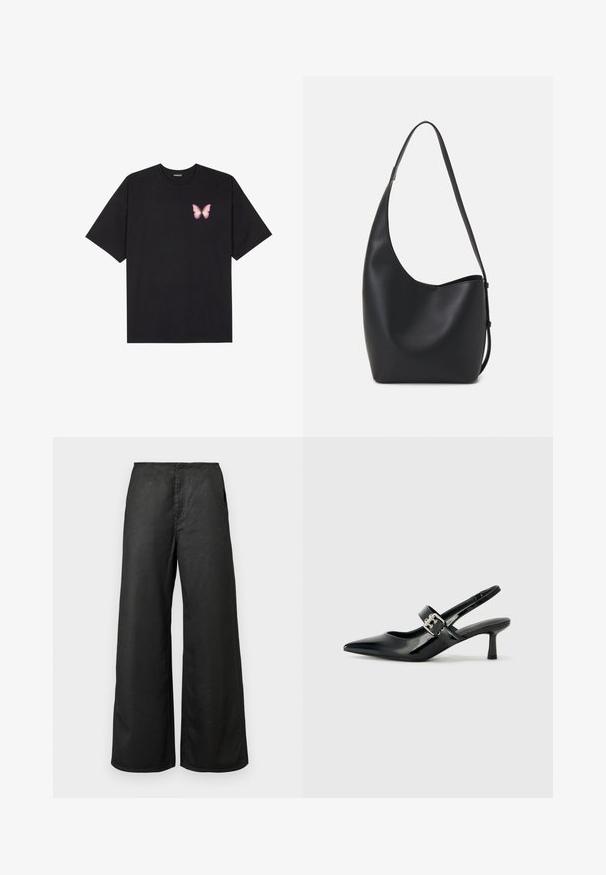 Juodas medvilnės marškinėliai trumpomis rankovėmis, su maža rožine drugelio grafika kairėje krūtinės pusėje. Apvalus kaklo iškirpimas, laisvas kirpimas.; Juodos plataus kojų kelnės su priekinėmis kišenėmis ir aukštu liemeniu, pagamintos iš lygaus audinio, pateiktos ant vienodo šviesaus fono.; Juodai lakuoti slingback aukštakulniai su smailiu kojų pirštu ir mažais blokiniais kulniukais, su sidabro sagtimi ant dirželio.; Juodas odinis hobo maišas su lygiu paviršiumi, kreipta forma ir viena reguliuojama rankena; turi platų atidarymą viršuje.