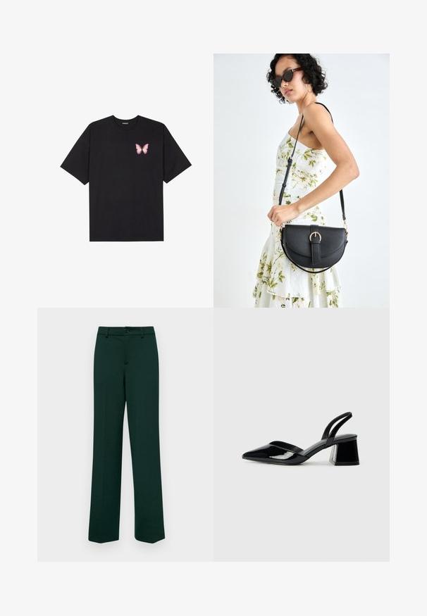 Svart bomulls T-skjorte med korte ermer, med en liten rosa sommerfugl grafikk på venstre bryst. Crew-neck design med en avslappet passform.; Mørkegrønne, rette bukser med knappelukking og belteholdere. Glatt tekstur og minimal detaljering. Skreddersydd passform.; Svarte patentlær slingback hæler med spiss tå og geometrisk blokk hæl. Har et stilrent, minimalistisk design og jevn tekstur.; Svart lærveske med en buet form, avtagbar stropp og gullbeslag. Vesken har et klaff med spenne-detall.