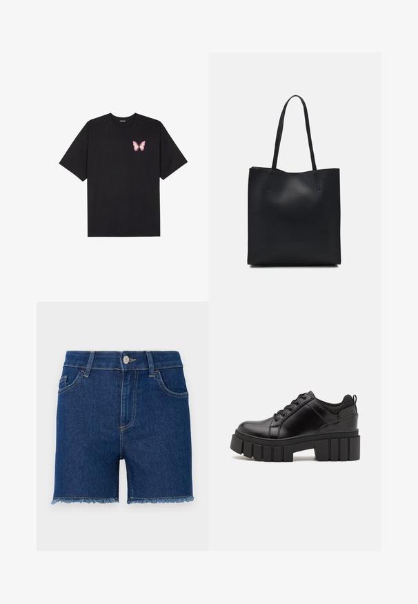 Melna kokvilnas T-krekls ar īsām piedurknēm, kuram priekšā kreisajā pusē ir neliels rozā tauriņa grafiskais attēls. Ar apaļu kaklu un brīvā stila piegriezumu.; Tumši zili džinsu šorti ar vidēju vidukļa pacēlumu, klasisku piecu kabatu dizainu, sagrieztu apakšmalu un dzeltenu šuvju akcentiem.; Melnas ādas platformas kurpes ar masīvu bloku papēdi, apaļu purngalu un tradicionālu saistīšanas dizainu. Izceļas ar gludu tekstūru un minimālu apdari.; Melnas ādas somiņa ar gludu tekstūru, taisnstūra formu un divām garām rokturiem. Nav redzamu aparatūras vai rotājumu.