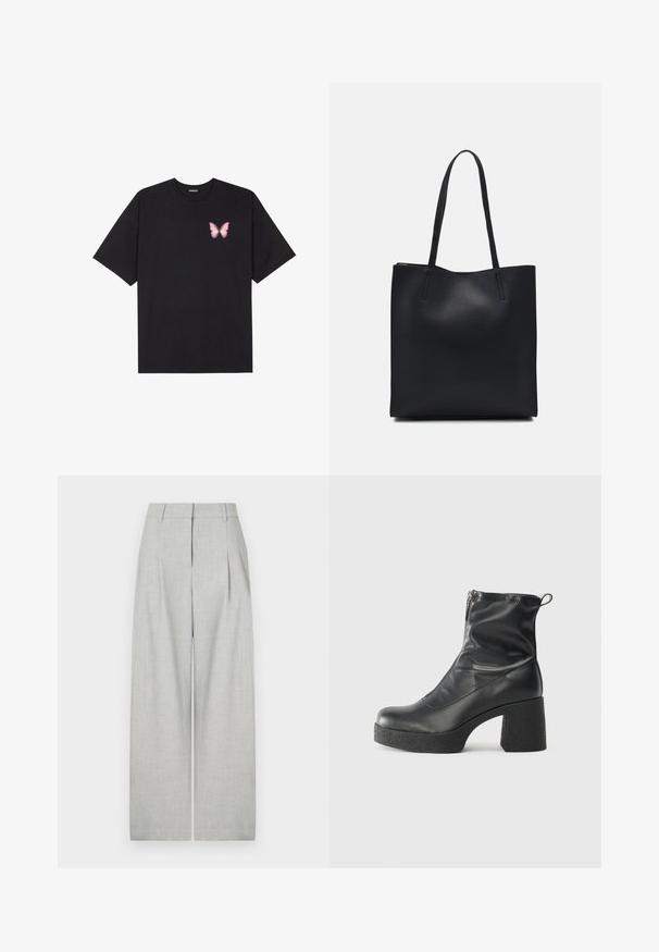 Tricou negru din bumbac cu mâneci scurte, având pe partea stângă a pieptului un mic grafic cu un fluture roz. Design cu guler rotund și croială lejeră.; Pantaloni largi gri deschis dintr-un material texturat, cu pliuri frontale, o talie curată și fără buzunare vizibile.; Bocanci negri de glezna din piele netedă, cu fermoar lateral, toc texturat și masiv, și design cu vârf rotund.; Geantă tote neagră din piele, cu textură netedă, formă rectangulară și două mânere lungi. Fără hardware vizibil sau ornamente.
