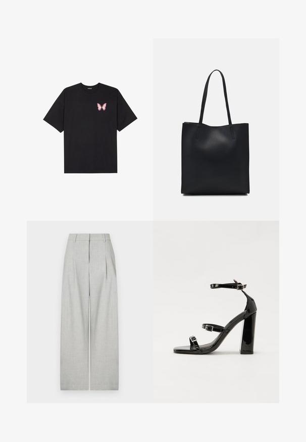 Black cotton t-shirt with short sleeves, featuring a small pink butterfly graphic on the left chest. Crew neck design with a relaxed fit.; Light gray wide-leg trousers made of textured fabric, featuring front pleats, a clean waistband, and no visible pockets.; Black patent heeled sandals with a square toe, ankle straps, and silver buckles. Features a chunky block heel for stability.; Black leather tote bag with smooth texture, rectangular shape, and two long handles. No visible hardware or embellishments.