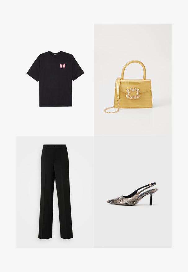 Black cotton t-shirt with short sleeves, featuring a small pink butterfly graphic on the left chest. Crew neck design with a relaxed fit.; ONLY Tall ONLPEACH LIFE WIDE - Trousers - black; Pointed-toe slingback shoes made of textured snake print material, featuring a slender black heel and a cutout design on the sides.; Yellow faux-crocodile handbag with a structured design, top handle, detachable chain strap, and decorative crystal embellishment on the clasp.