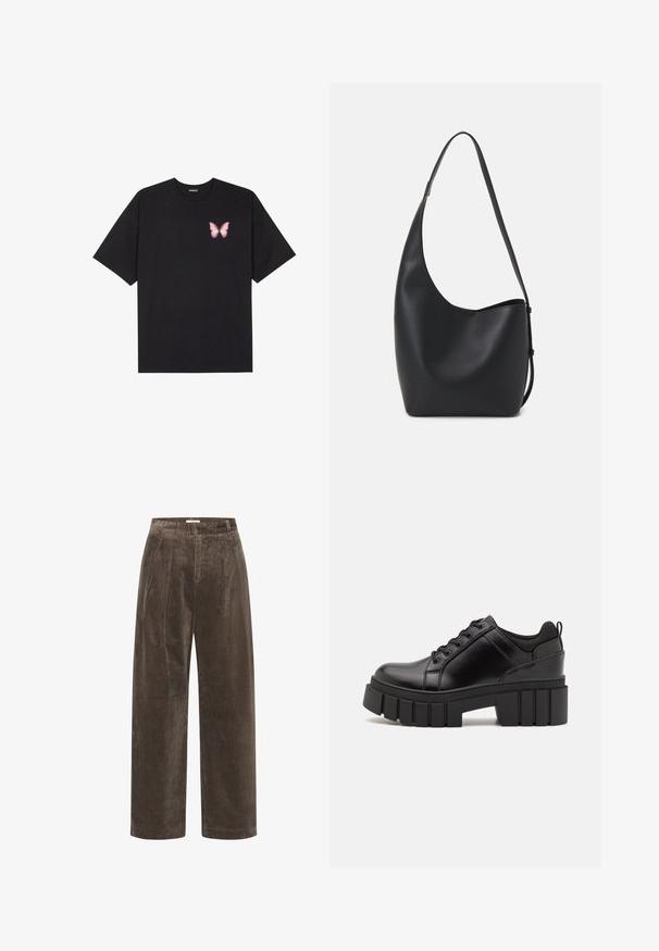 Black cotton t-shirt with short sleeves, featuring a small pink butterfly graphic on the left chest. Crew neck design with a relaxed fit.; Brown corduroy wide-leg trousers with pleats, featuring a soft texture and mid-rise waist. Hem finishes are clean and straight.; Black leather platform shoes with a chunky block heel, round toe, and traditional lace-up design. Features smooth texture and minimal detailing.; Black leather hobo bag with a smooth texture, curved shape, and single adjustable strap; features a wide opening at the top.