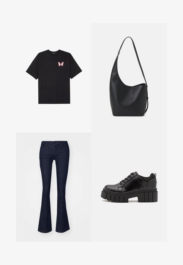 Czarny bawełniany t-shirt z krótkim rękawem, z małym różowym motylkiem na lewej piersi. Klasyczny dekolt z luźnym fasonem.; Ciemnoniebieskie dżinsy typu dzwon z średnim stanem, z przednimi kieszeniami i zapięciem na guzik. Gładka tekstura i czyste wykończenie.; Czarne skórzane buty na platformie z masywnym słupkowym obcasem, okrągłym noskiem i klasycznym sznurowaniem. Posiadają gładką teksturę i minimalne wykończenia.; Czarna skórzana torba hobo o gładkiej fakturze, zaokrąglonym kształcie i pojedynczym, regulowanym pasku; posiada szerokie otwarcie na górze.
