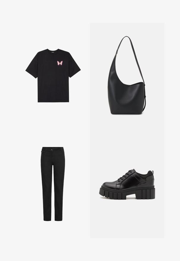 Crna pamučna majica s kratkim rukavima, s malim grafičkim prikazom ružičaste vjetricaste s desne strane na prsima. Dizajn s okruglim izrezom i opuštenim krojem.; Crne ravne hlače s tipkom, petljama za remen i malim džepom s preklopom na desnoj strani blizu struka.; Crne kožne platforme s debelim blok-peta, okruglim prstima i klasičnim dizajnom vezanja. Imaju gladak tekstur i minimalne detalje.; Crna kožna hobo torba s glatkom teksturom, zakrivljenim oblikom i jednom podesivom trakicom; ima širok otvor na vrhu.
