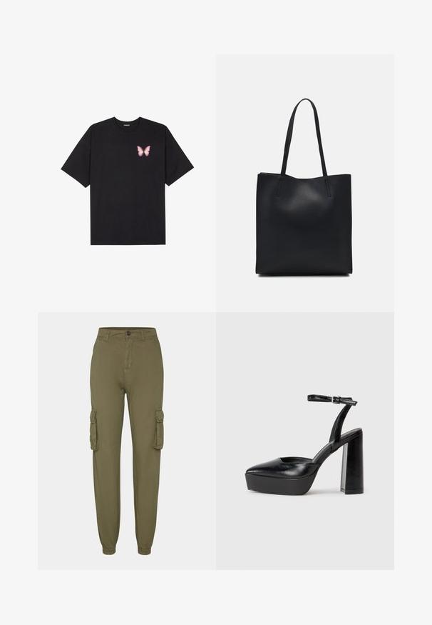 Black cotton t-shirt with short sleeves, featuring a small pink butterfly graphic on the left chest. Crew neck design with a relaxed fit.; Olive green cargo pants made of soft fabric, featuring two side pockets, elastic cuffs, and a front button closure.; Black platform heels with a pointed toe and adjustable ankle strap. Constructed from smooth leather, featuring a chunky block heel.; Black leather tote bag with smooth texture, rectangular shape, and two long handles. No visible hardware or embellishments.