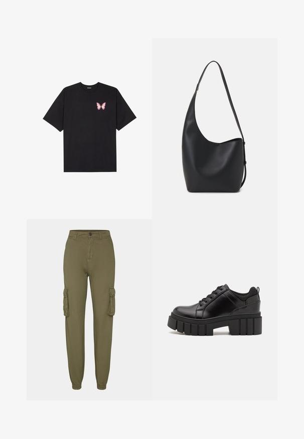 Black cotton t-shirt with short sleeves, featuring a small pink butterfly graphic on the left chest. Crew neck design with a relaxed fit.; Olive green cargo pants made of soft fabric, featuring two side pockets, elastic cuffs, and a front button closure.; Black leather platform shoes with a chunky block heel, round toe, and traditional lace-up design. Features smooth texture and minimal detailing.; Black leather hobo bag with a smooth texture, curved shape, and single adjustable strap; features a wide opening at the top.
