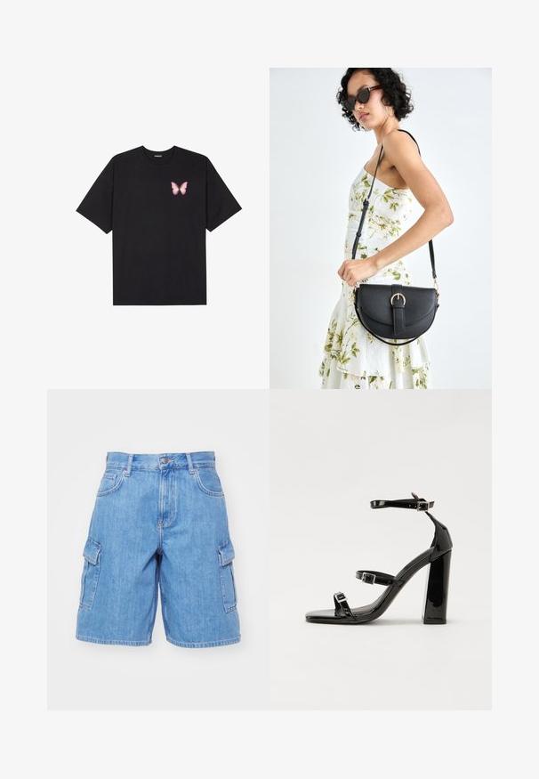 Svart bomulls T-skjorte med korte ermer, med en liten rosa sommerfugl grafikk på venstre bryst. Crew-neck design med en avslappet passform.; Lyseblå denim cargo shorts med to sidelommer, knappelukking, beltehemper og relaxet passform. Glatt stoffstruktur.; Svart høyglans sandaler med hæl, firkantet tå, ankelremmer og sølvspenner. Har en kraftig blokkhæl for stabilitet.; Svart lærveske med en buet form, avtagbar stropp og gullbeslag. Vesken har et klaff med spenne-detall.