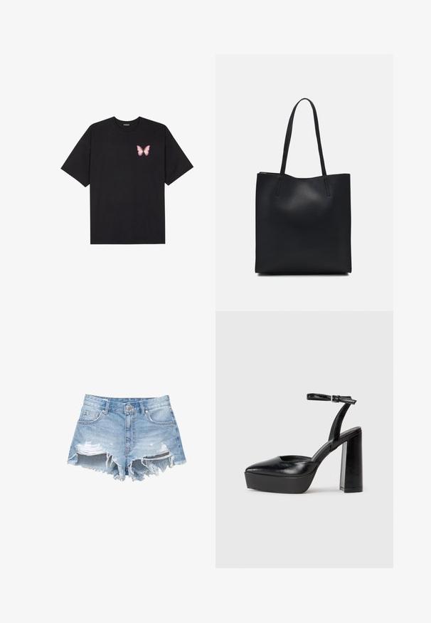 Črna bombažna majica s kratkimi rokavi, ki ima majhen roza metuljček na levi strani prsnega dela. Majica s krožnim ovratnikom in sproščenim krojem.; Svetlo modri jeansi kratke hlače z raztrganimi robovi in obrabljenimi detajli. Imajo standardne žepke in kovinsko zapiranje na gumb.; Črne platforme z visokimi petami in koničastim nosom ter nastavljivim gležnjenjskim trakom. Narejene iz gladke usnje, s kockasto peto.; Črna usnjena torba s svilnato teksturo, pravokotne oblike in dvema dolgima ročajema. Brez vidnih metalnih delov ali okrasnih elementov.