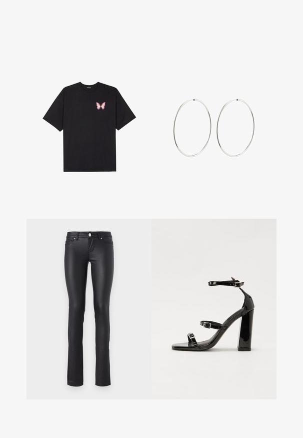 Juodas medvilnės marškinėliai trumpomis rankovėmis, su maža rožine drugelio grafika kairėje krūtinės pusėje. Apvalus kaklo iškirpimas, laisvas kirpimas.; Juodos dirbtinės odos lieknos kelnės su lygiu paviršiumi, vidutinio aukščio juosmeniu, penkių kišenių dizainu ir sidabriniais akcentais.; Juoda blizgi lakuota basutė su kvadratiniu pirštu, kulkšnies dirželiais ir sidabro sagtimis. Yra tvirta blokinė kulno konstrukcija, užtikrinanti stabilumą.; Sidabriniai auskarai-žiedai su lygiu, apvaliu dizainu ir blizgiu paviršiumi. Jie yra ploni ir lengvi, turintys paprastą užsegimą.