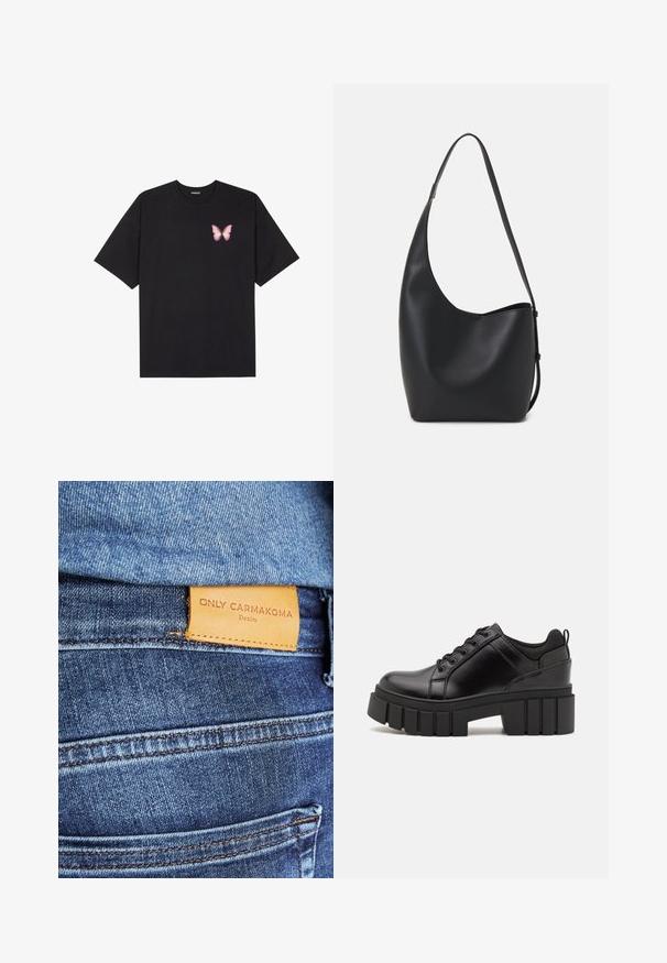 T-shirt de algodão preto com mangas curtas, apresentando um pequeno gráfico de borboleta rosa no lado esquerdo do peito. Design de gola redonda com um corte solto.; Jeans de ganga azuis com um rótulo de couro castanho com a inscrição "ONLY CARMKOMA Denim," com costura visível e detalhe de bolso lateral.; Sapatos de plataforma em couro preto com um salto bloco robusto, bico redondo e design clássico de atacadores. Apresentam uma textura suave e detalhes mínimos.; Saco hobo preto em pele com uma textura lisa, forma curva e uma única alça ajustável; apresenta uma abertura larga na parte de cima.