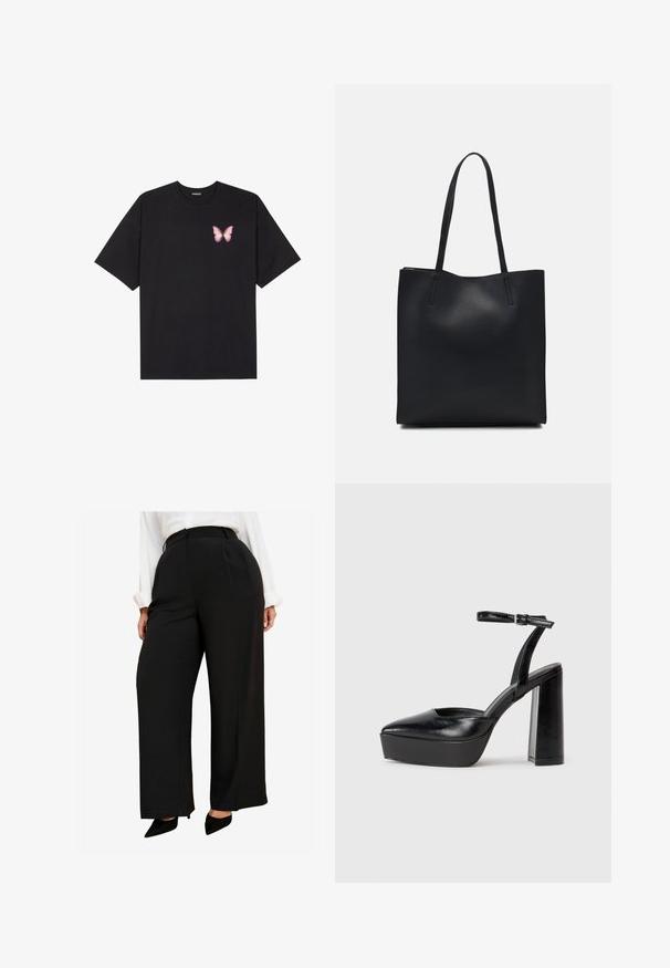 Crna pamučna majica s kratkim rukavima, s malim grafičkim prikazom ružičaste vjetricaste s desne strane na prsima. Dizajn s okruglim izrezom i opuštenim krojem.; Crne hlače širokih nogavica s visokim strukom, glatkim materijalom i dubokim prednjim plisama. Uparene s crnim cipelama na špic.; Crne platforme s potpeticom s oštrim vrhom i podešivom naramenicom. Izrađene od glatke kože, s masivnom blok petom.; Crna kožna torba za nošenje s glatkom teksturom, pravokutnim oblikom i dvije duge ručke. Nema vidljivih metalnih dijelova ili ukrasa.