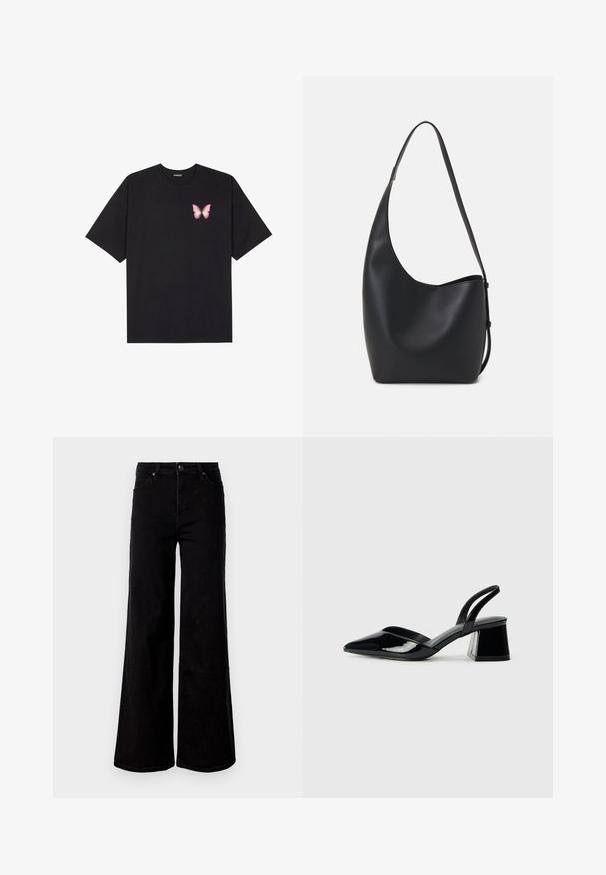 Čierne bavlnené tričko s krátkymi rukávmi, s malým ružovým motýlikom na ľavej hrudi. Design s okrúhlym výstrihom a uvoľneným strihom.; Čierne džíny s vysokým pásom a širokými nohavicami, so vstavanými prednými a zadnými vreckami, s gombíkovým zapínaním a pútkami na opasok na jednoduchom bielom pozadí.; Čierne lakované kožené sandálové podpätky s špicatou špičkou a geometrickým blokovým podpätkom. Disponujú elegantným, minimalistickým dizajnom a hladkým povrchom.; Čierna kožená hobo taška so hladkou textúrou, zakriveným tvarom a jedným nastaviteľným popruhom; má široké otvorenie na vrchu.