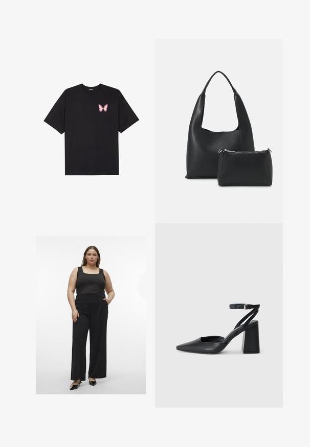 Musta puuvillapaita lyhyillä hihoilla, jossa on pieni vaaleanpunainen perhosgrafiikka vasemmassa rinnassa. Pyöreä kaula-aukko ja rento istuvuus.; Musta hihaton paita, jota on yhdistetty leveälahkeisiin mustiin housuihin, joissa on napit. Asusteessa on sileä pinta ja moderni, vartalonmyötäinen siluetti.; Mustat nahkakengät, joissa on kapea kärki, nilkkaremmi ja paksu korko. Tasainen pinta, tyylikäs muotoilu ja minimalistinen estetiikka.; Even&Odd Käsilaukku - black