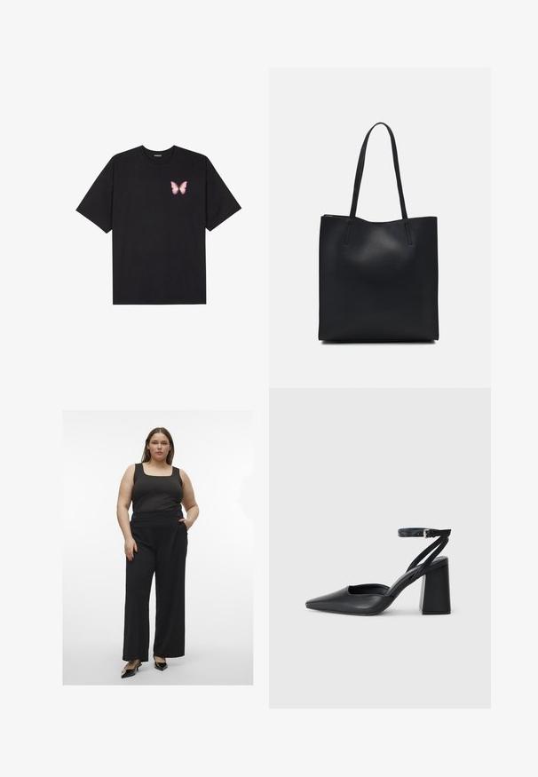 Camiseta de algodón negra de manga corta, con un pequeño gráfico de mariposa rosa en el lado izquierdo del pecho. Diseño de cuello redondo con un corte relajado.; Top negro de tirantes combinado con pantalones holgados negros que presentan botones. El conjunto tiene una textura suave y una silueta moderna y ajustada.; Zapato de tacón puntiagudo de cuero negro con tira en el tobillo y tacón ancho. Textura plana, diseño elegante y estética minimalista.; Bolso tote de cuero negro con textura lisa, forma rectangular y dos asas largas. Sin herrajes ni adornos visibles.