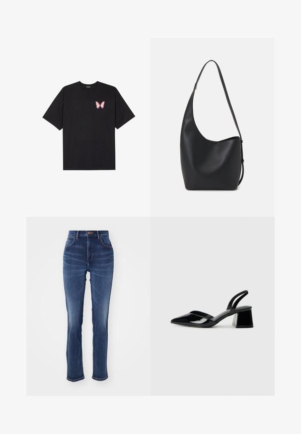 Μαύρο βαμβακερό μπλουζάκι με κοντά μανίκια, διαθέτοντας ένα μικρό ροζ γραφικό πεταλούδας στο αριστερό στήθος. Σχέδιο με στρογγυλή λαιμόκοψη και άνετη εφαρμογή.; Σκούρο μπλε τζιν παντελόνι με ψηλή μέση, ίσια γραμμή, ελαφριά φθορά, εμπρόσθιες τσέπες και διακριτές ραφές.; Μαύρα πατεντέ δερμάτινα γοβάκια slingback με μυτερή μύτη και γεωμετρικό τακούνι. Έχουν κομψό, μινιμαλιστικό σχέδιο και λεία υφή.; Μαύρη δερμάτινη tote τσάντα με λείο υφή, καμπύλο σχήμα και μία ρυθμιζόμενη ζώνη. Διαθέτει μεγάλη άνοιγμα στην κορυφή.