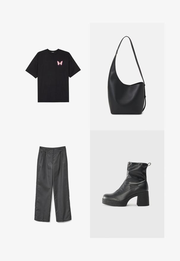 Svart bomulls T-skjorte med korte ermer, med en liten rosa sommerfugl grafikk på venstre bryst. Crew-neck design med en avslappet passform.; Grå vide bukser i glat stof med to frontfolder, to knapper i taljen og en lige kant.; Svarte ankelstøvler laget av glatt lær, med glidelås på siden, chunky strukturert hæl, og rund tå-design.; Svart lær hobo-veske med glatt tekstur, buet form og enkelt justerbart stropp; har en bred åpning på toppen.