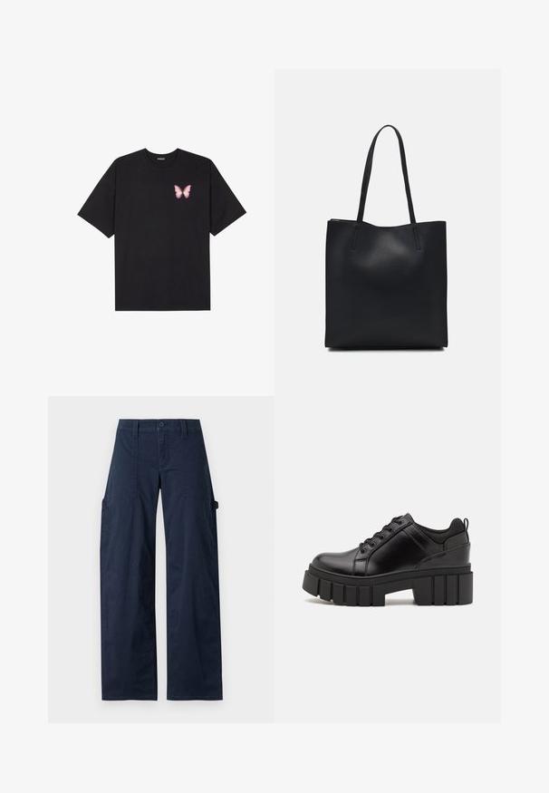 Black cotton t-shirt with short sleeves, featuring a small pink butterfly graphic on the left chest. Crew neck design with a relaxed fit.; Navy blue cargo pants made of cotton with a loose fit, featuring two side pockets, a button closure, and visible stitching details.; Black leather platform shoes with a chunky block heel, round toe, and traditional lace-up design. Features smooth texture and minimal detailing.; Black leather tote bag with smooth texture, rectangular shape, and two long handles. No visible hardware or embellishments.