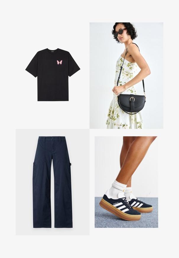 Svart bomulls T-skjorte med korte ermer, med en liten rosa sommerfugl grafikk på venstre bryst. Crew-neck design med en avslappet passform.; Marineblå cargo-bukser laget av bomull med løs passform, med to sidelommer, knappelukking og synlige sømdetaljer.; Svarte sneakers i semsket skinn med hvite striper og detaljer, rund tå, yttersåle i gummigummi, kombinert med hvite ribbestrikkede crew-sokker.; Svart lærveske med en buet form, avtagbar stropp og gullbeslag. Vesken har et klaff med spenne-detall.