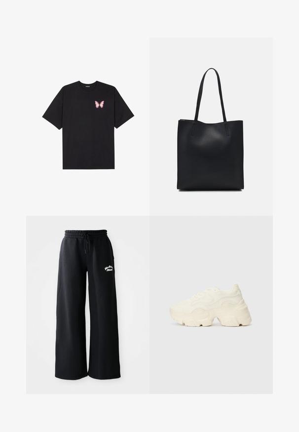 Fekete pamut póló rövid ujjakkal, bal mellkason egy kis rózsaszín pillangó grafikával. Kerek nyakú kialakítás, laza fazonnal.; Fekete, széles lábú pulóvernadrág, húzózsinórral a deréknál. Bal oldalon hímzett szöveggel, puha pamutkeverék anyagból készült.; Tömbös fehér sneakers, amely texturált hálóból és szintetikus anyagokból készült, vastag talppal és bonyolult mintázattal az oldalakon.; Fekete bőrtáska sima felszínnel, téglalap alakú, két hosszú füllel. Nincs látható fémkiegészítő vagy díszítés.