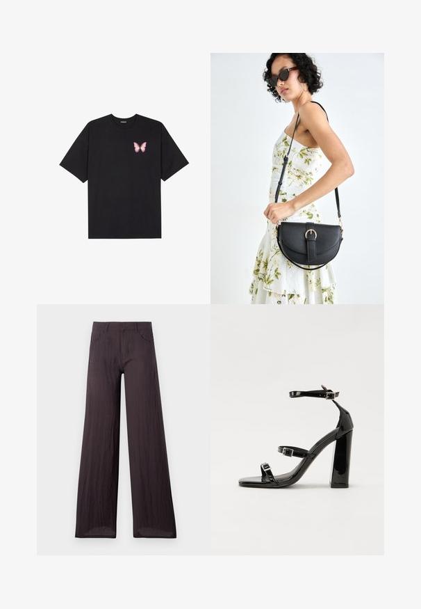 Melna kokvilnas T-krekls ar īsām piedurknēm, kuram priekšā kreisajā pusē ir neliels rozā tauriņa grafiskais attēls. Ar apaļu kaklu un brīvā stila piegriezumu.; Tumši pelēki platās kājas bikses, izgatavotas no viegla, struktūrēta auduma ar gludu apdari, papildinātas ar priekšējām kabatām un klasisku jostasvietu.; Melnas lakotas augstpapēžu čības ar kvadrāta purngalu, potīšu siksniņām un sudraba sprādzēm. Aprīkotas ar masīvu bloku papēdi stabilitātei.; Melnas ādas rokassoma ar izliekta formu, noņemamu siksnu un zelta aksesuāriem. Somai ir vāciņš ar sprādzes detaļu.