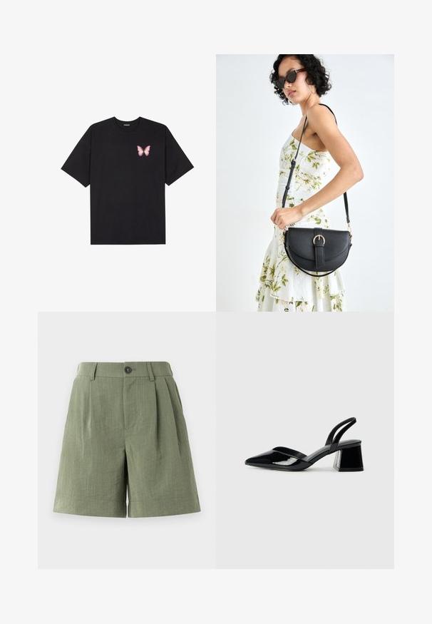 Melna kokvilnas T-krekls ar īsām piedurknēm, kuram priekšā kreisajā pusē ir neliels rozā tauriņa grafiskais attēls. Ar apaļu kaklu un brīvā stila piegriezumu.; Zaļi plīšu šorti, izgatavoti no strukturētas auduma. Ar pogu aizdari un taisnu apakšmalu, ar pielāgotu piegriezumu.; Melna lakota āda ar atvērto papēdi, ar smailu purngalu un ģeometrisku blokpapēdi. Iezīmējas elegants, minimāls dizains un gluda tekstūra.; Melnas ādas rokassoma ar izliekta formu, noņemamu siksnu un zelta aksesuāriem. Somai ir vāciņš ar sprādzes detaļu.