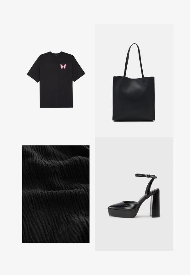 Melna kokvilnas T-krekls ar īsām piedurknēm, kuram priekšā kreisajā pusē ir neliels rozā tauriņa grafiskais attēls. Ar apaļu kaklu un brīvā stila piegriezumu.; Melnā krokotā auduma ar tekstūrētu virsmu, kurā ir dziļi rievoti un dažādas krāsas, radot dimensijas izskatu.; Melnas platformas papēžs ar norādītu purngala formu un regulējamu potītes siksniņu. Izgatavotas no gludas ādas, ar masīvu bloku papēdi.; Melnas ādas somiņa ar gludu tekstūru, taisnstūra formu un divām garām rokturiem. Nav redzamu aparatūras vai rotājumu.