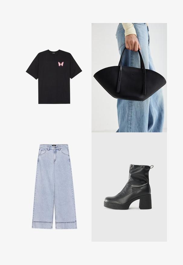 T-shirt de algodão preto com mangas curtas, apresentando um pequeno gráfico de borboleta rosa no lado esquerdo do peito. Design de gola redonda com um corte solto.; Jeans de perna larga azul claro feitos de denim, com uma cintura alta, bolsos frontais e um corte reto com detalhes de costura visíveis.; Botas de tornozelo pretas feitas de couro liso, com fecho lateral, salto grosso texturizado e design de bico arredondado.; Bolsa de mão em couro preto com uma forma única em leque, apresentando alças planas. A superfície tem uma textura pebble e um design minimalista.