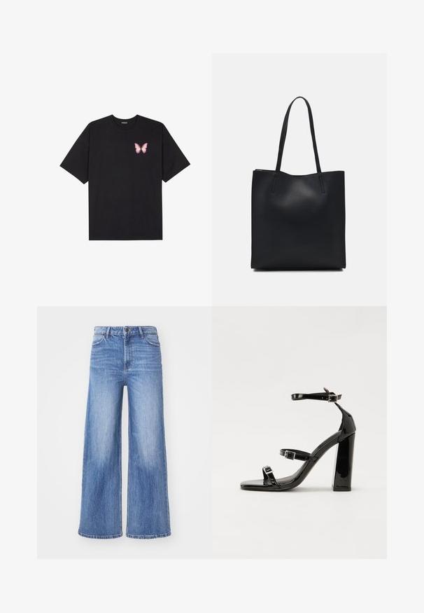 T-shirt de algodão preto com mangas curtas, apresentando um pequeno gráfico de borboleta rosa no lado esquerdo do peito. Design de gola redonda com um corte solto.; Jeans de perna larga em denim azul claro, apresentando uma cintura alta, desbotamento subtil e design clássico de cinco bolsos com costura em contraste.; Sandálias de tacão preto laqueadas com bico quadrado, tiras para o tornozelo e fivelas prateadas. Apresentam um salto bloco chunky para estabilidade.; Bolsa tote preta em couro com textura lisa, forma retangular e duas alças longas. Sem hardware ou enfeites visíveis.
