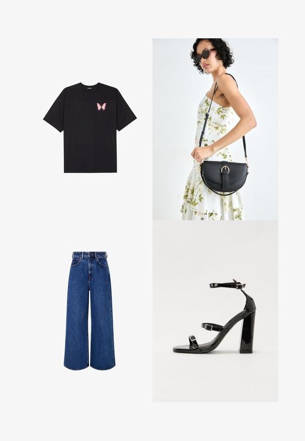 Crna pamučna majica s kratkim rukavima, s malim grafičkim prikazom ružičaste vjetricaste s desne strane na prsima. Dizajn s okruglim izrezom i opuštenim krojem.; Tamne traperice širokih nogavica u tamnoplavoj boji. Imaju visok struk, kontrastne šavove, prednje džepove i kopčanje na dugme.; Crne lakirane sandale na visoku petu s dva remena s kopčama, kvadratnim vrhom i masivnom blok petom, s glatkom, sjajnom teksturom.; Crna kožna torba s lukovitim oblikom, odvojivim remenom i zlatnim detaljima. Torba ima preklop s kopčom.