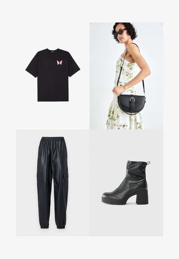 Musta puuvillapaita lyhyillä hihoilla, jossa on pieni vaaleanpunainen perhosgrafiikka vasemmassa rinnassa. Pyöreä kaula-aukko ja rento istuvuus.; Mustat cargo-housut, jotka on tehty kiiltävästä synteettisestä materiaalista. Housuissa on joustava vyötärö, kapenevat lahkeet ja kaksi sivutaskua.; Mustat nilkkurit, jotka on valmistettu sileästä nahasta. Niissä on sivuvetoketju, paksu teksturoitu korko ja pyöristetty kärki.; Musta nahkainen käsilaukku, joka on kaareva muotoilultaan, irrotettavalla hihnalla ja kultaisilla yksityiskohdilla. Laukussa on läppä, jossa on solk yksityiskohta.; Sarja sidabrinių auskarų, turinčių įvairius dizainus: auskarai-studai, žiedai ir pakabukai su žvilgančiais papuošimais geometrinėmis ir teminėmis formomis.