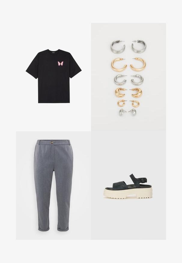 Must muströöpidega must puuvillane T-särk, vasakul rinnal on väike roosa liblikas. Ümar kaelus ja vabalt istuv lõige.; Hallid hallid püksid, mis on valmistatud siledast kudumist, millega on raamitud pitskudumise efekt, satsisääred, esikoti taskud ja nööbiga kinnitamine vöökoht.; Mustad musta sametist platvormsandaalid, millel on paks valge tald, lai esirihm ja reguleeritav pahkluu nööpe. Tekstureeritud tallad haardevad.; Kaheksa metallist kõrvarõngaste komplekt hõbedaste ja kuldsete tonalite. Sisaldab erinevaid rõngaste stiile, tekstuure ja viimistlusi, korraldatud suuruse järgi.