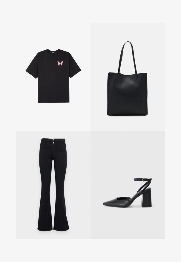 Tricou negru din bumbac cu mâneci scurte, având pe partea stângă a pieptului un mic grafic cu un fluture roz. Design cu guler rotund și croială lejeră.; ONLY ONLRAIN FLARED - Blugi evazați - washed black; Pantofii cu toc ascuțit din piele neagră, cu breteaua pentru glezne și toc gros. Textură netedă, design elegant și estetică minimală.; Geantă tote neagră din piele, cu textură netedă, formă rectangulară și două mânere lungi. Fără hardware vizibil sau ornamente.