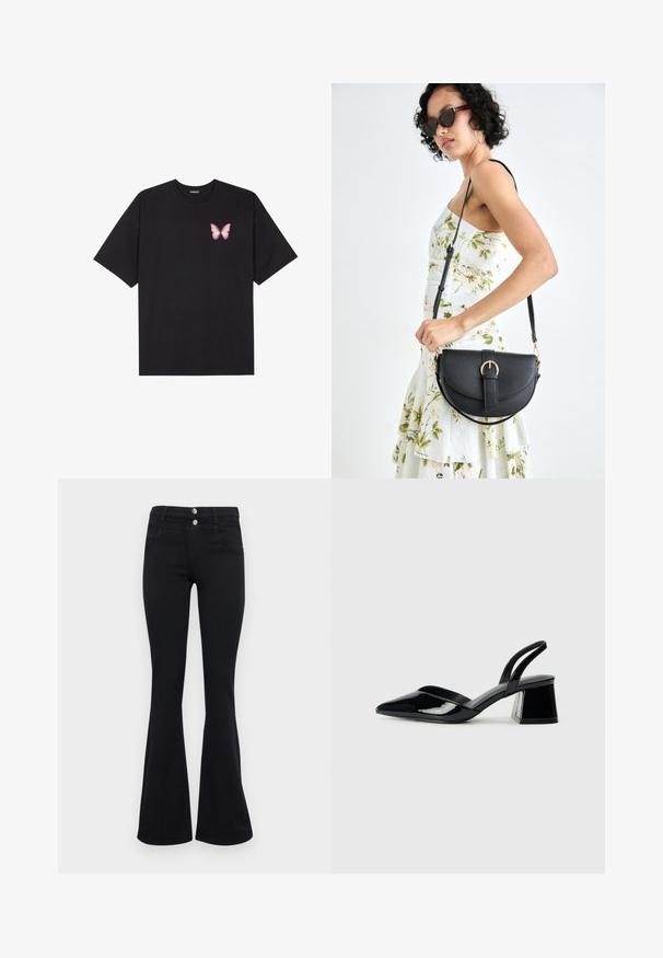 Juodas medvilnės marškinėliai trumpomis rankovėmis, su maža rožine drugelio grafika kairėje krūtinės pusėje. Apvalus kaklo iškirpimas, laisvas kirpimas.; ONLY ONLRAIN FLARED - Platėjantys džinsai - washed black; Juodos lakuotos odinės šlepetės su smailiu pirštu ir geometriniu bloko kulnu. Turi elegantišką, minimalistinį dizainą ir lygų paviršių.; Juodas odinis krepšys su išlenkta forma, nuimamu dirželiu ir auksiniais detalėmis. Krepšys turi kilpą su sagtimi.
