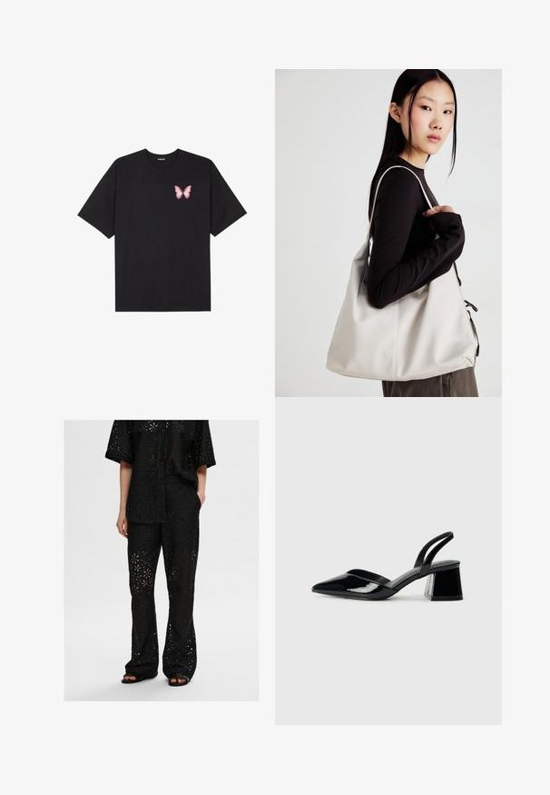 Melna kokvilnas T-krekls ar īsām piedurknēm, kuram priekšā kreisajā pusē ir neliels rozā tauriņa grafiskais attēls. Ar apaļu kaklu un brīvā stila piegriezumu.; Melna divdaļīga apģērba komplekts, kurā iekļauts brīvs pogājams krekls un bikses, abi izgatavoti no perforēta auduma ar ziedu rakstiem un brīvu piegriezumu.; Melna lakota āda ar atvērto papēdi, ar smailu purngalu un ģeometrisku blokpapēdi. Iezīmējas elegants, minimāls dizains un gluda tekstūra.; Bežs rokassoma, izgatavota no mīksta materiāla, ar brīvu dizainu, izšūtu apdari un divām plecu siksnām. Piemērota ikdienas lietošanai.