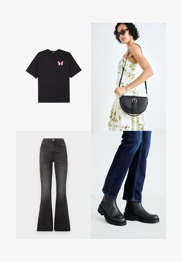 Čierne bavlnené tričko s krátkymi rukávmi, s malým ružovým motýlikom na ľavej hrudi. Design s okrúhlym výstrihom a uvoľneným strihom.; Čierne zvonové džínsy s vysokým pásom, s kovovým zapínaním, päť vreciek a jemným vyblednutím na povrchu látky.; Čierne kožené členkové čižmy s robustnou podrážkou a bočnými elastickými panelmi, skombinované s tmavomodrými džínami. Pôda je svetlá.; Čierna kožená kabelka s zaobleným tvarom, odnímateľným popruhom a zlatými doplnkami. Kabelka má klopu s detailom s prackou.