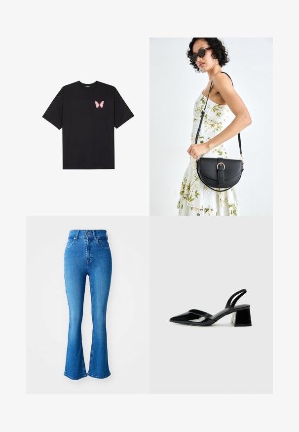 T-shirt de algodão preto com mangas curtas, apresentando um pequeno gráfico de borboleta rosa no lado esquerdo do peito. Design de gola redonda com um corte solto.; Jeans de ganga azuis de cintura alta com pernas largas, apresentando um fecho de dois botões, cinco bolsos e um acabamento suave e texturizado.; Sandy em verniz preto com salto slingback, ponta afilada e salto geométrico. Apresenta um design elegante e minimalista com textura suave.; Bolsa de couro preta com forma curva, alça destacável e detalhes em dourado. A bolsa possui uma aba com detalhe de fivela.