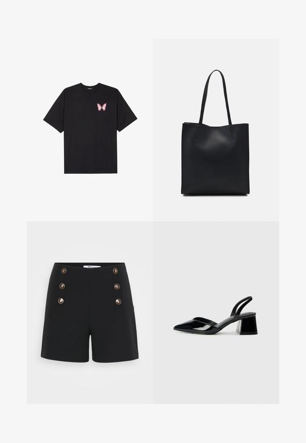 Crna pamučna majica s kratkim rukavima, s malim grafičkim prikazom ružičaste vjetricaste s desne strane na prsima. Dizajn s okruglim izrezom i opuštenim krojem.; Crne kratke hlače od teksturiranog materijala, s visokom strukom, zlatnim gumbima kao detaljima i dva prednja džepa.; Crne lakirane kožne sandale s otvorenom petom i špicastim vrhom, s geometrijskom blok petom. Imaju elegantan, minimalistički dizajn i glatku teksturu.; Crna kožna torba za nošenje s glatkom teksturom, pravokutnim oblikom i dvije duge ručke. Nema vidljivih metalnih dijelova ili ukrasa.