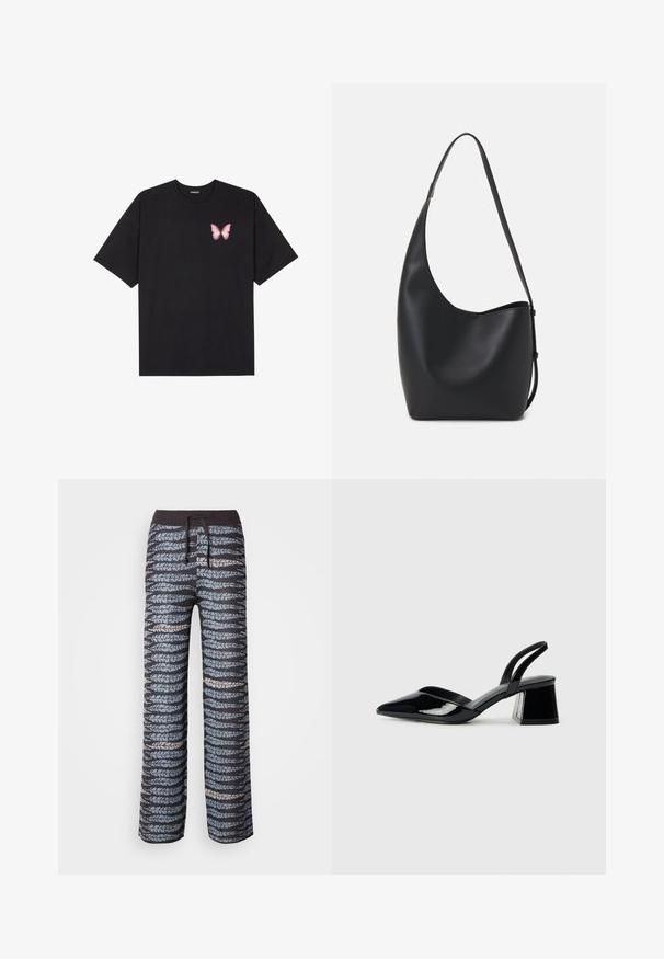 Schwarzes Baumwoll-T-Shirt mit kurzen Ärmeln, das ein kleines pinkes Schmetterlingsmotiv auf der linken Brust zeigt. Crewneck-Design mit einem entspannten Schnitt.; Leichte, gemusterte Hosen mit einem dunklen Grundton und abwechselnd blauen und grauen Blattmotiven, elastischem Bund und Zugband.; Schwarze Lackleder-Slingback-High Heels mit spitzem Schuh und einem geometrischen Blockabsatz. Verfügt über ein schlankes, minimalistisches Design und eine glatte Textur.; Schwarze Leder-Hobo-Tasche mit einer glatten Textur, geschwungener Form und einem einzelnen verstellbaren Tragegurt; verfügt über eine weite Öffnung am oberen Ende.