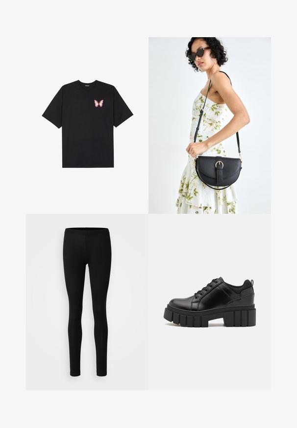 Camiseta de algodón negra de manga corta, con un pequeño gráfico de mariposa rosa en el lado izquierdo del pecho. Diseño de cuello redondo con un corte relajado.; Leggings negros hechos de una tela suave y elástica. Tienen un ajuste ceñido con una cintura elástica y una textura suave y mate.; Zapatos de plataforma de cuero negro con un tacón cuadrado grueso, punta redonda y diseño tradicional de cordones. Presenta una textura suave y un detalle minimalista.; Bolso de piel negra con forma curva, correa desmontable y herrajes dorados. El bolso cuenta con una solapa con un detalle de hebilla.
