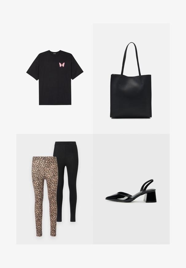 Černé bavlněné tričko s krátkým rukávem, na levém prsou s malou grafikou růžové motýlky. Design s kruhovým výstřihem a volným střihem.; Dva páry legín: jedny s béžovým pozadím a černým tygřím potiskem, druhé zcela černé. Oba páry mají přiléhavý střih a elastický pas.; Černé lakované kožené lodičky na pásku s špičatou špičkou a geometrickým blokovým podpatkem. Vyznačují se elegantním, minimalistickým designem a hladkým povrchem.; Černá kožená taška přes rameno s hladkým povrchem, obdélníkovým tvarem a dvěma dlouhými uchy. Žádné viditelné kování ani ozdoby.