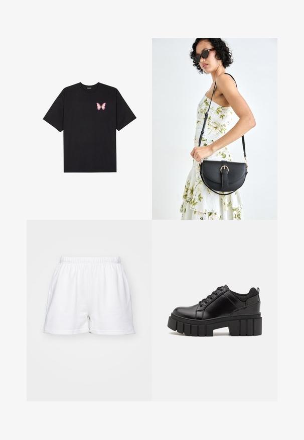 Black cotton t-shirt with short sleeves, featuring a small pink butterfly graphic on the left chest. Crew neck design with a relaxed fit.; White cotton shorts with elastic waistband, side pockets, and a relaxed fit on a plain background.; Black leather platform shoes with a chunky block heel, round toe, and traditional lace-up design. Features smooth texture and minimal detailing.; Black leather handbag with a curved shape, detachable strap, and gold hardware. The bag features a flap with a buckle detail.